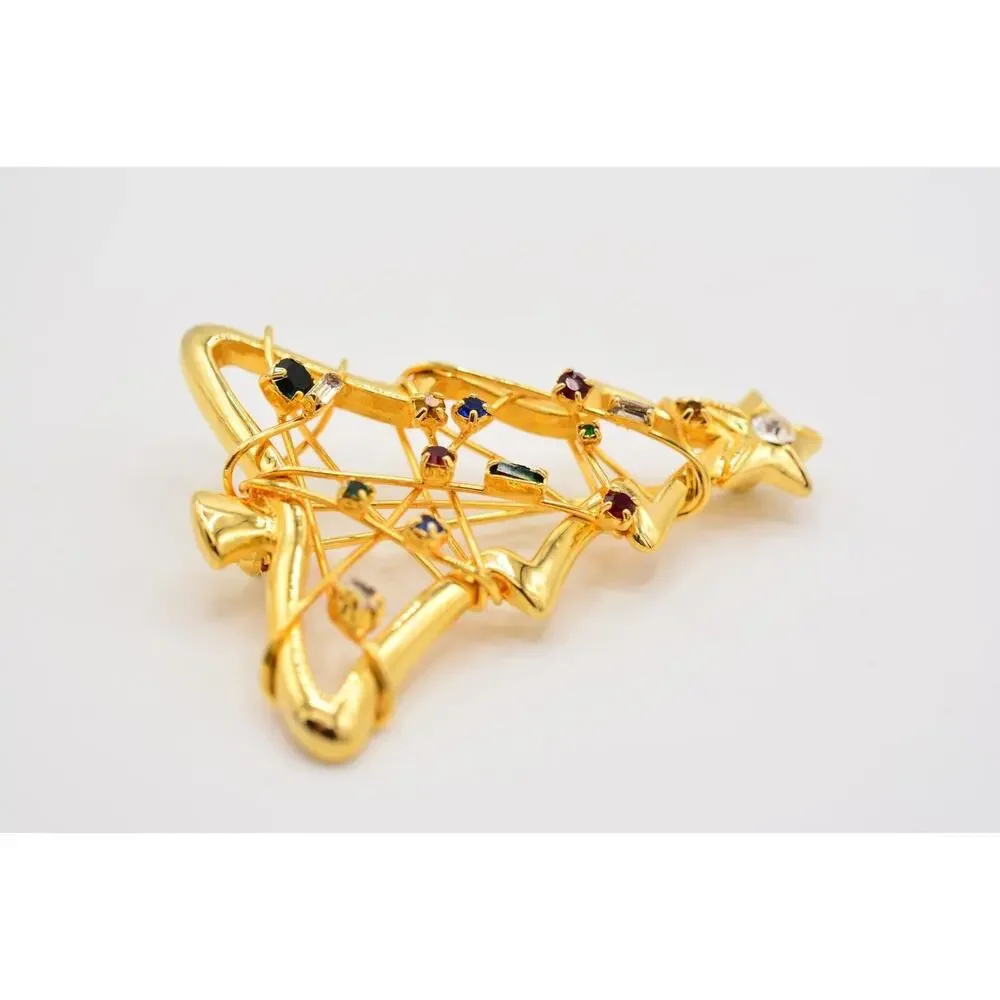 Vintage Christmas Tree Pin Brooch Rhinestone Crystal Wired Gold Holiday BinAP